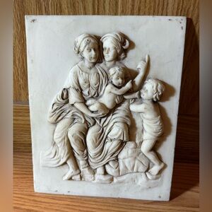 Vintage alabaster powder relief plaque is a reproduction,"Our Lady of the Chair"